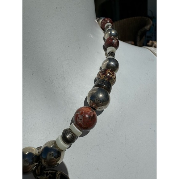 Brecciated Jasper Sterling Navajo 3D Kokopelli Beaded Necklace - Picture 7 of 8